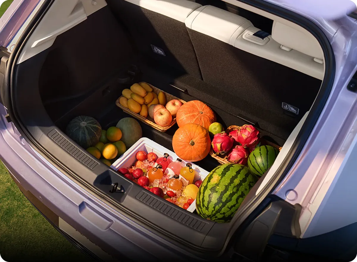 Porta-malas do Arcfox T1 cheio de frutas e compras